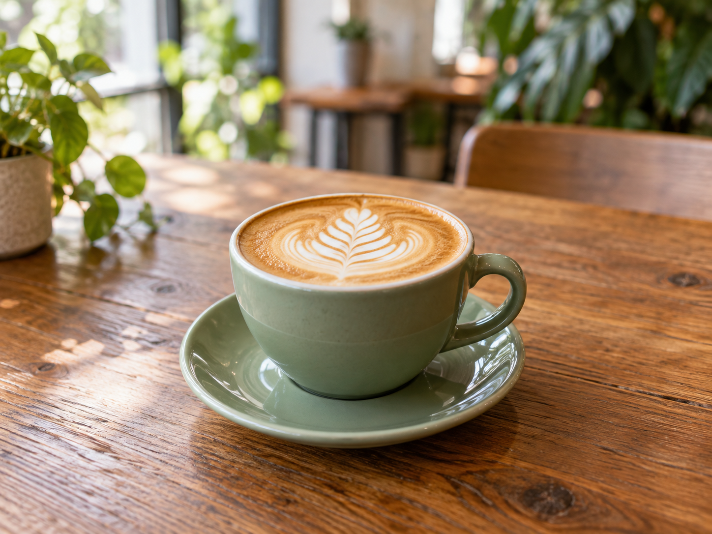 Fresh flat white with rosetta latte art in a sage-green cup on a wooden cafe table