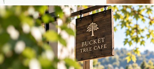 Bucket Tree Cafe sign among green leaves